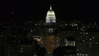 DX0002_162_051 - 5.7K aerial stock footage a stationary view of the capital building at night, Madison, Wisconsin