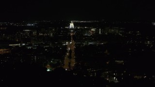 DX0002_163_001 - 5.7K aerial stock footage a stationary view of capital building and Washington Avenue at night, Madison, Wisconsin