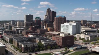 DX0002_165_001 - 5.7K aerial stock footage the city's skyline seen from office buildings in Downtown Des Moines, Iowa