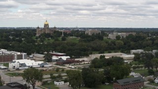 DX0002_165_023 - 5.7K aerial stock footage wide view of the Iowa State Capitol and grounds in Des Moines, Iowa