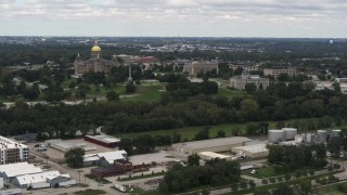 DX0002_165_027 - 5.7K aerial stock footage of slowly passing the Iowa State Capitol and grounds in Des Moines, Iowa