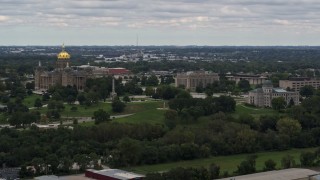 DX0002_165_037 - 5.7K aerial stock footage of grounds and buildings around the Iowa State Capitol in Des Moines, Iowa