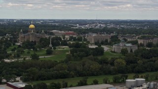 DX0002_165_039 - 5.7K aerial stock footage ascend to flyby the Iowa State Capitol and grounds in Des Moines, Iowa