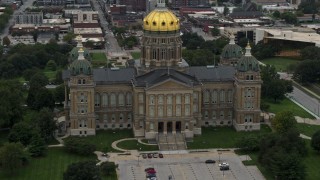 DX0002_166_010 - 5.7K stock footage aerial video orbit the front of the Iowa State Capitol in Des Moines, Iowa