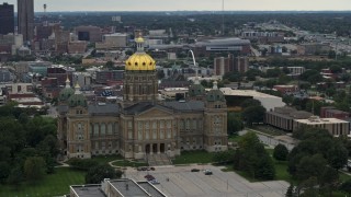 DX0002_166_011 - 5.7K aerial stock footage orbit the front of the Iowa State Capitol with the city in the background, Des Moines, Iowa