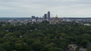 DX0002_166_017 - 5.7K aerial stock footage of a wide stationary view of the city's skyline and capitol, Downtown Des Moines, Iowa