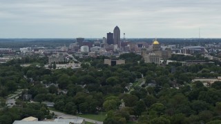 DX0002_166_021 - 5.7K aerial stock footage of the state capitol and the skyline of Downtown Des Moines, Iowa