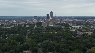 DX0002_166_022 - 5.7K aerial stock footage of a wide view of the state capitol and the skyline of Downtown Des Moines, Iowa