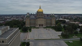 DX0002_166_029 - 5.7K aerial stock footage approach and orbit the Iowa State Capitol with skyline in the background, Des Moines, Iowa