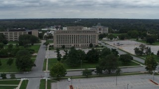 DX0002_166_030 - 5.7K stock footage aerial video orbit and approach a state government office building, Des Moines, Iowa