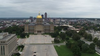 DX0002_166_039 - 5.7K aerial stock footage of the distant skyline behind the capitol building, Des Moines, Iowa