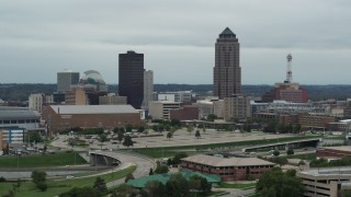 DX0002_167_001 - 5.7K aerial stock footage of the city's skyline and skyscraper in Downtown Des Moines, Iowa