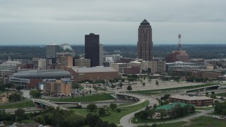 DX0002_167_002 - 5.7K aerial stock footage of a view of the city's skyline and skyscraper in Downtown Des Moines, Iowa