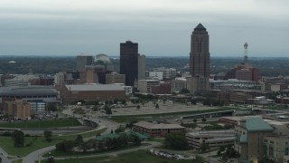 DX0002_167_013 - 5.7K stock footage aerial video flyby the city's skyline and skyscraper in Downtown Des Moines, Iowa, and descend