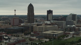 DX0002_167_020 - 5.7K stock footage aerial video focus on a towering skyscraper and office buildings in Downtown Des Moines, Iowa