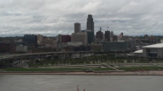 DX0002_168_016 - 5.7K aerial stock footage of the city skyline, seen from the river, Downtown Omaha, Nebraska