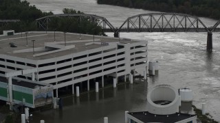 DX0002_169_014 - 5.7K aerial stock footage of a flooded parking garage in Council Bluffs, Iowa