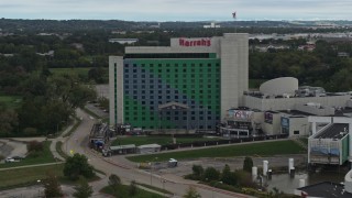 DX0002_169_017 - 5.7K aerial stock footage orbit the hotel and casino in Council Bluffs, Iowa