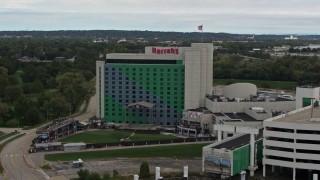 DX0002_169_039 - 5.7K aerial stock footage of approaching the hotel and casino in Council Bluffs, Iowa