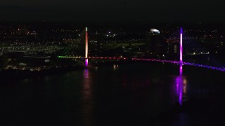 DX0002_173_020 - 5.7K aerial stock footage of approaching a pedestrian bridge spanning the Missouri River at night, Omaha, Nebraska