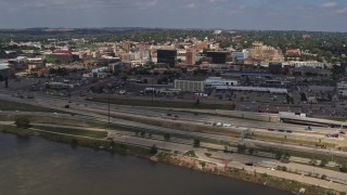 DX0002_174_019 - 5.7K aerial stock footage flyby and away from I-29 highway with a view of Downtown Sioux City, Iowa