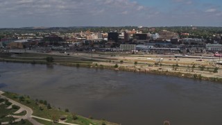 DX0002_174_020 - 5.7K aerial stock footage a view of Downtown Sioux City, Iowa from across the river