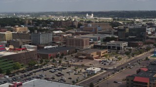 DX0002_175_002 - 5.7K aerial stock footage passing office buildings, Downtown Sioux City, Iowa