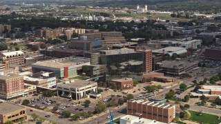 DX0002_175_007 - 5.7K aerial stock footage flyby and away from Ho-Chunk Centre and nearby office buildings, Downtown Sioux City, Iowa