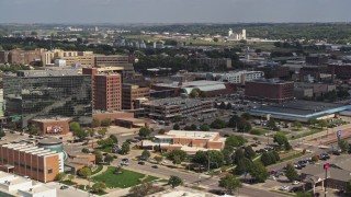 DX0002_175_008 - 5.7K stock footage aerial video convention center and office buildings, Downtown Sioux City, Iowa