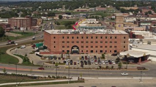 DX0002_175_011 - 5.7K aerial stock footage orbit and fly away from the Hard Rock Hotel and Casino, Downtown Sioux City, Iowa