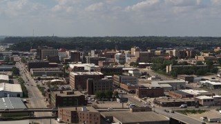 DX0002_175_027 - 5.7K aerial stock footage flying by the downtown area of the city, Downtown Sioux City, Iowa