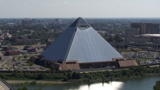 DX0002_177_018 - 5.7K aerial stock footage of orbiting the Memphis Pyramid in Downtown Memphis, Tennessee
