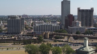 DX0002_177_036 - 5.7K aerial stock footage of slowly orbiting city hall in Downtown Memphis, Tennessee