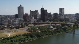 DX0002_178_003 - 5.7K aerial stock footage view of the skyline from the river in Downtown Memphis, Tennessee during descent