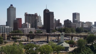 DX0002_178_013 - 5.7K aerial stock footage reverse view of office towers in the Downtown Memphis, Tennessee skyline