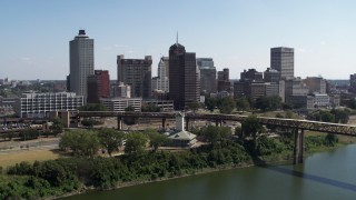 DX0002_178_014 - 5.7K stock footage aerial video of office towers in the Downtown Memphis, Tennessee skyline seen from river
