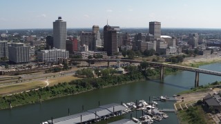 DX0002_178_030 - 5.7K aerial stock footage stationary view of the city's skyline and Wolf River Harbor, Downtown Memphis, Tennessee