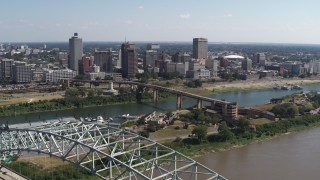 DX0002_178_043 - 5.7K aerial stock footage approaching the bridge and the skyline of Downtown Memphis, Tennessee