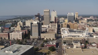 DX0002_179_021 - 5.7K aerial stock footage ascend over 2nd Street and flyby high-rise office towers in Downtown Memphis, Tennessee