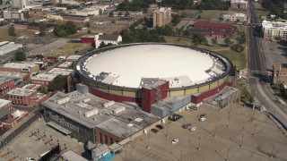 DX0002_179_025 - 5.7K aerial stock footage of orbiting FedEx Forum arena in Downtown Memphis, Tennessee