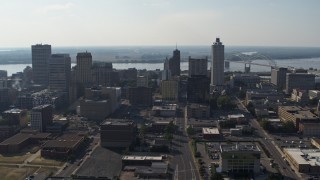 DX0002_179_033 - 5.7K aerial stock footage fly away from high-rise office buildings in Downtown Memphis, Tennessee skyline