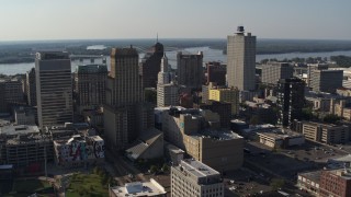 DX0002_180_007 - 5.7K stock footage aerial video flyby Sterick Building, focus on Lincoln American Tower, Downtown Memphis, Tennessee