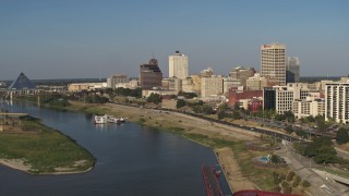 DX0002_180_020 - 5.7K aerial stock footage of office buildings by Wolf River Harbor, Downtown Memphis, Tennessee