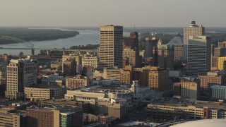 DX0002_181_004 - 5.7K aerial stock footage of One Commerce Square office tower at sunset, Downtown Memphis, Tennessee