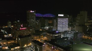DX0002_182_031 - 5.7K aerial stock footage orbiting the One Commerce Square and First Tennessee Building at night in Downtown Memphis, Tennessee