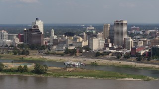 DX0002_183_026 - 5.7K aerial stock footage of downtown buildings between office towers, Downtown Memphis, Tennessee
