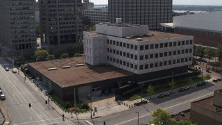 DX0002_183_031 - 5.7K aerial stock footage of a reverse view of the Federal Reserve Bank in Downtown Memphis, Tennessee