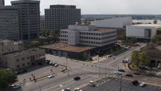 DX0002_183_032 - 5.7K aerial stock footage of orbiting the Federal Reserve Bank in Downtown Memphis, Tennessee