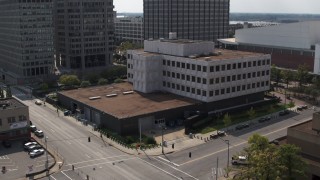 DX0002_183_034 - 5.7K aerial stock footage slowly orbit the Federal Reserve Bank in Downtown Memphis, Tennessee