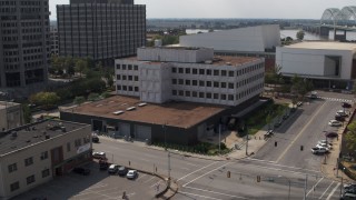 DX0002_183_035 - 5.7K aerial stock footage of circling the Federal Reserve Bank in Downtown Memphis, Tennessee
